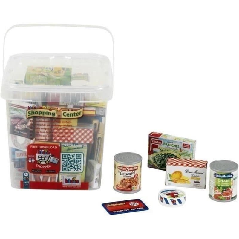 Grande boîte de rangement garnie de boîtes d'aliments factices avec des marques connues et en langue française - Klein