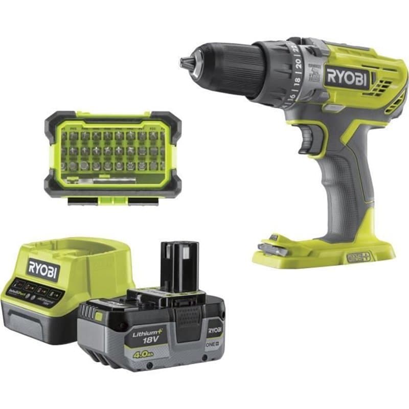 Ryobi - Perceuse a percussion 18V ONE+ - 50 Nm - 500-1800 tr/min + batterie 4 Ah, chargeur, sac & coffret 31 access. - R