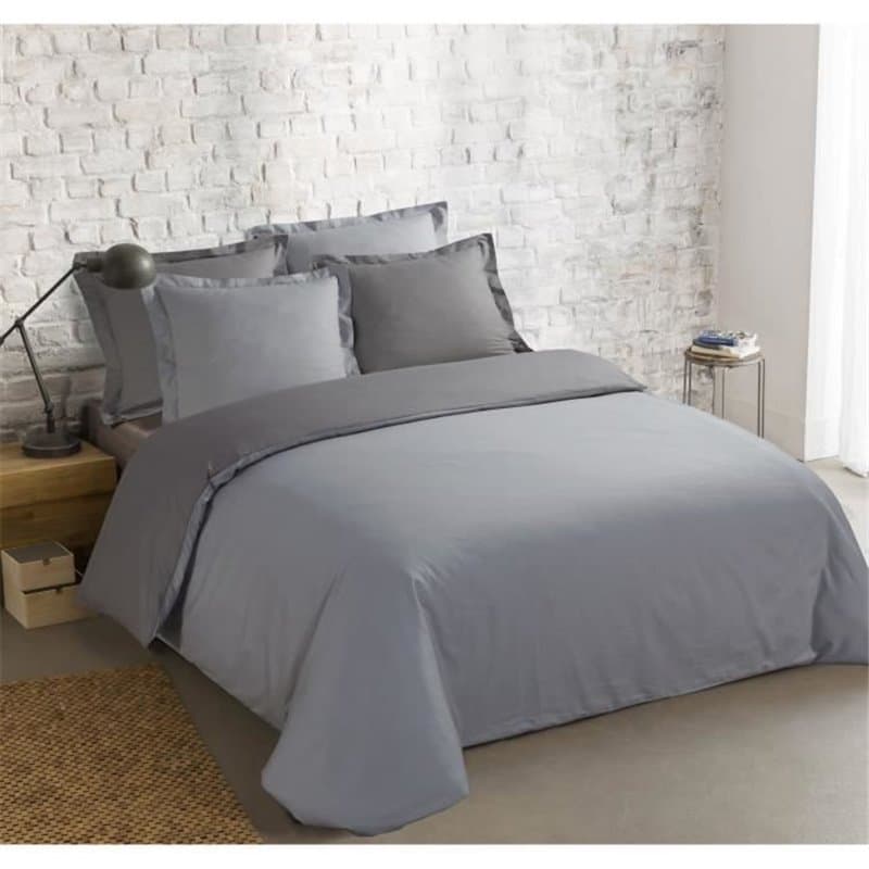 Vision - Bicolore - Housse de couette Réversible 260x240cm avec 2 taies 65x65cm -Gris/gris perle - 100% coton