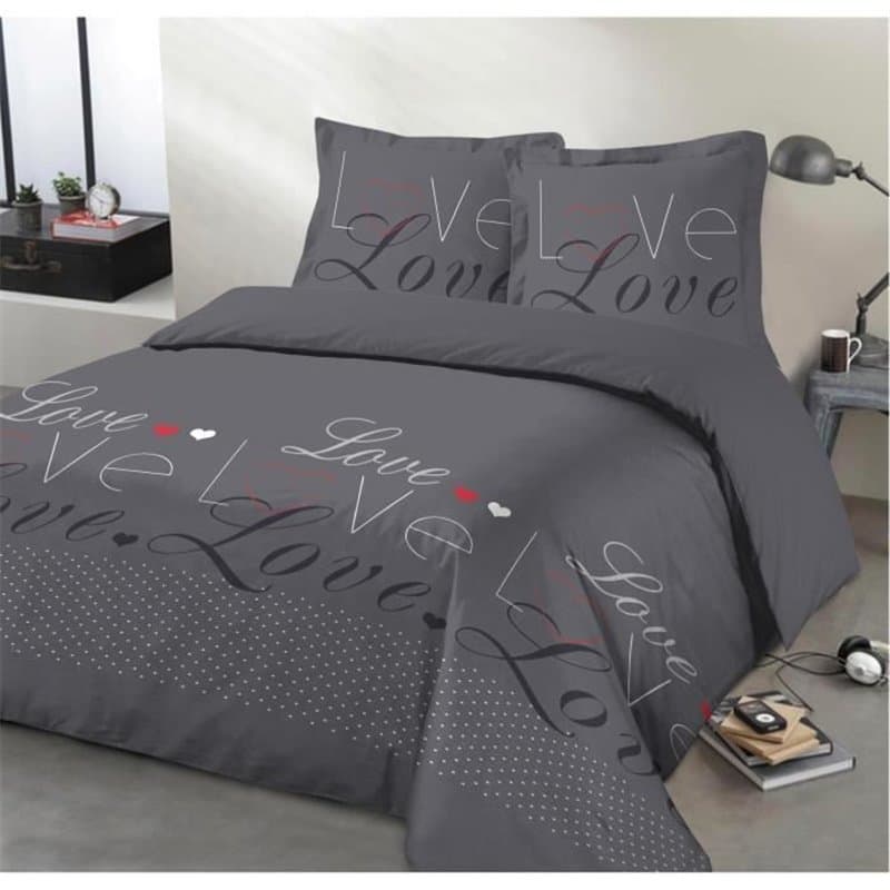 Vision Parure de couette Love - 100% coton - 1 housse de couette 240 x 260 cm + 2 taies d'oreiller 65 x 65 cm - Gris ant