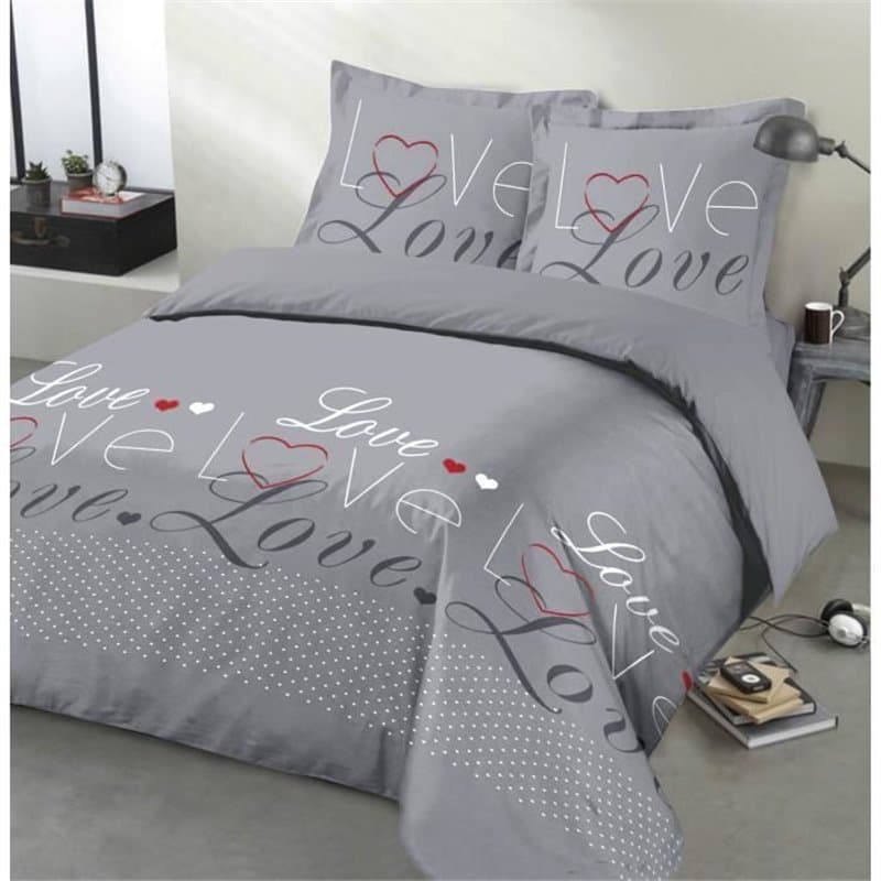 Vision Parure de couette Love - 100% coton - 1 housse de couette 240 x 260 cm + 2 taies d'oreiller 65 x 65 cm - Gris