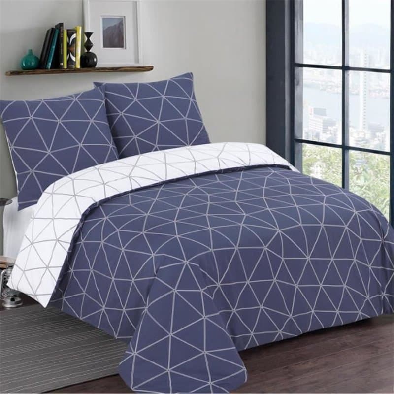 Vision - Parure de lit HUGO marine Réversible - 100% Coton - 1 housse de couette 260x240cm + 2 taies 65x65cm - Marine