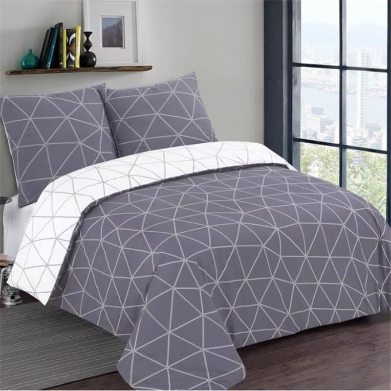 Vision - Parure de lit HUGO gris réversible - 100% Coton - 1 housse de couette 260x240cm + 2 taies 65x65cm - Gris-blanc