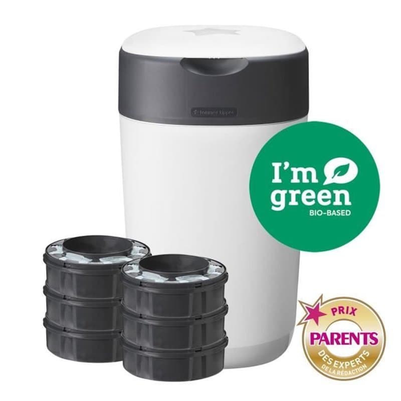 TOMMEE TIPPEE Poubelle a couches Twist & Click, Starter Pack, Blanc, + 6 recharges
