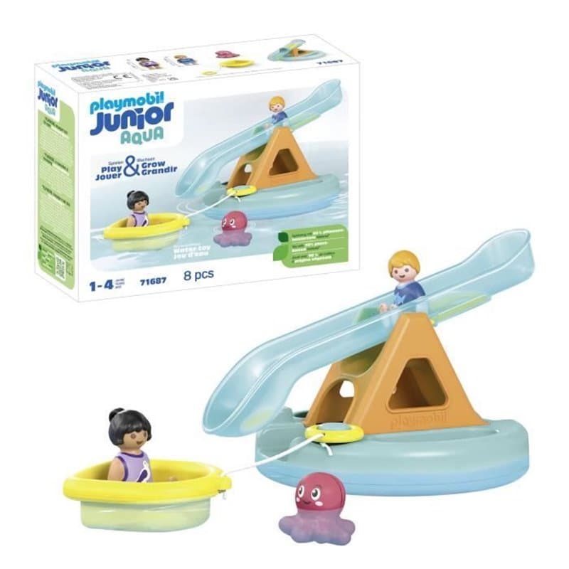 PLAYMOBIL Junior 71687 Ilôt avec toboggan aquatiqueComprend deux personnages, un bébé pieuvre et des accessoires - Des 1