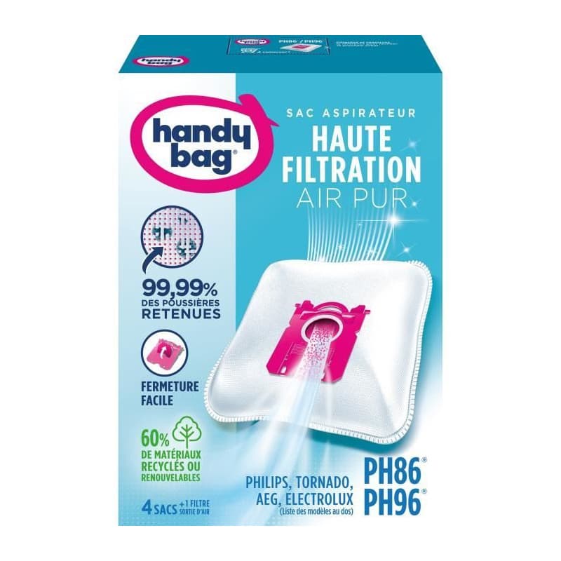 Sacs aspirateurs Handy bag PH86/PH96 - Philips, Electrolux, AEG, Tornado - 4 sacs + 1 filtre sortie d'air a découper