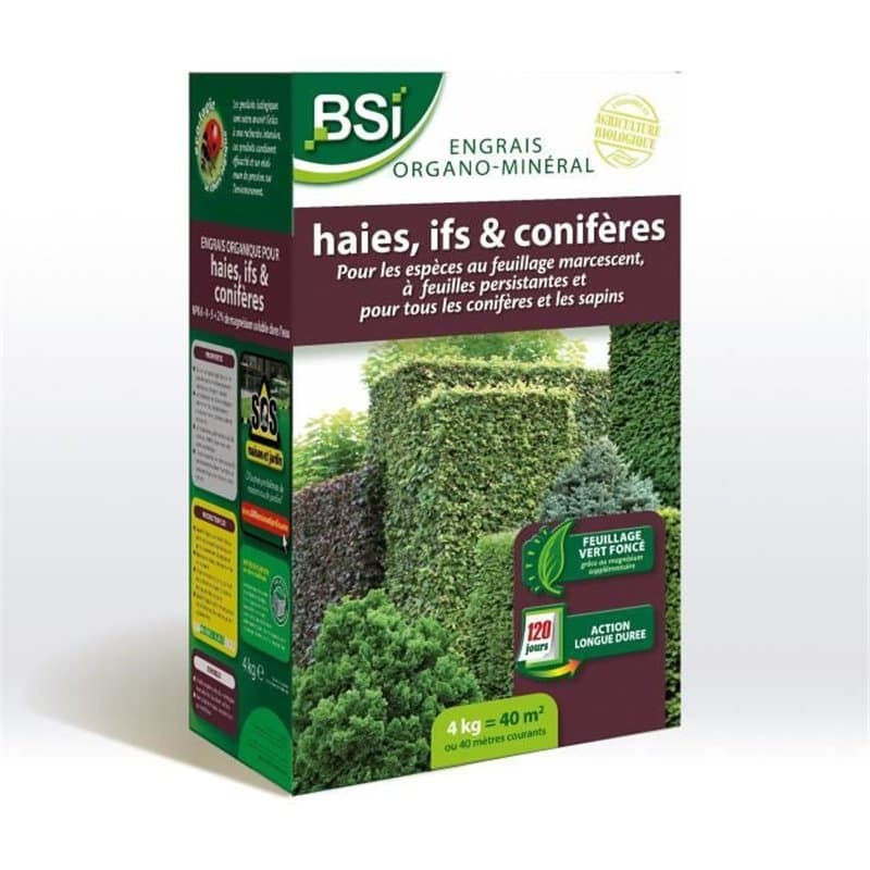 BSI - Engrais Organo-Minéral Pour Haie / If / Conifere - Pour Tous Les Coniferes Ou Les Sapins - 4Kg - Jusqu'a 40 m² - U