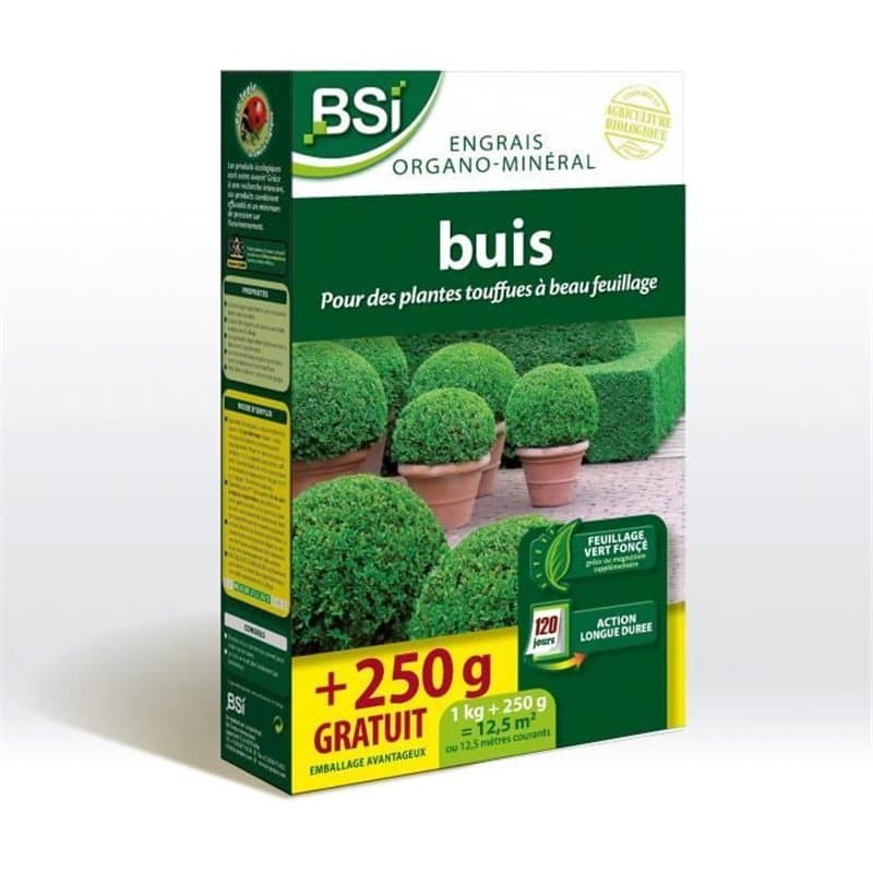 Engrais Buis - BSI - Bio - Feuillage étincelant et vert fonçé - Action longue durée - 1Kg + 250g gratuit - Jusqu'a 12,5