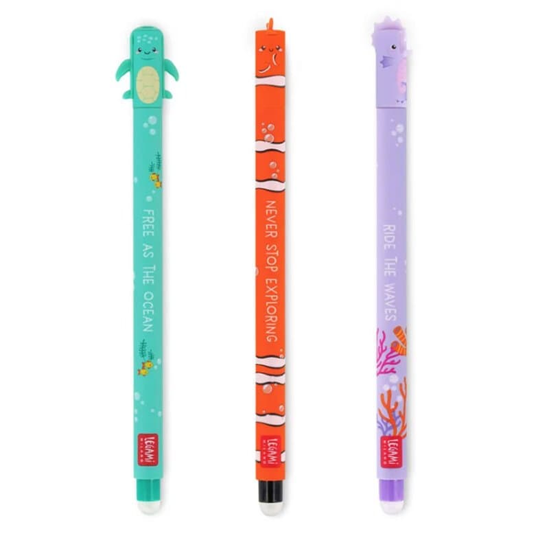 Lot de 3 stylos gel effaçable animaux de la mer encre noire, violet, turquoise