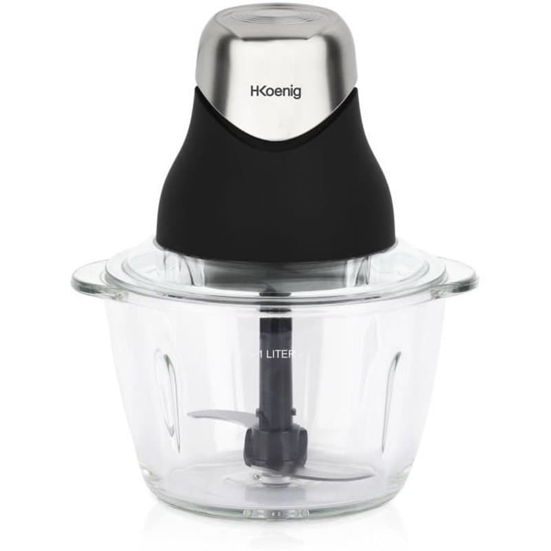 Mini hachoir électrique - H.Koenig - LEO8 - 320 W - Bol en verre 1 L - Lames en acier inoxydable - Noir mat et chrome