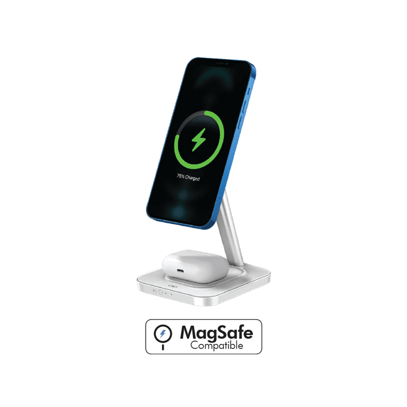Station de charge sans fil 15W Qi Stand 2 zones Smartphone + Truewireless + Port de charge USB C + Chargeur Blanc + Garantie à v