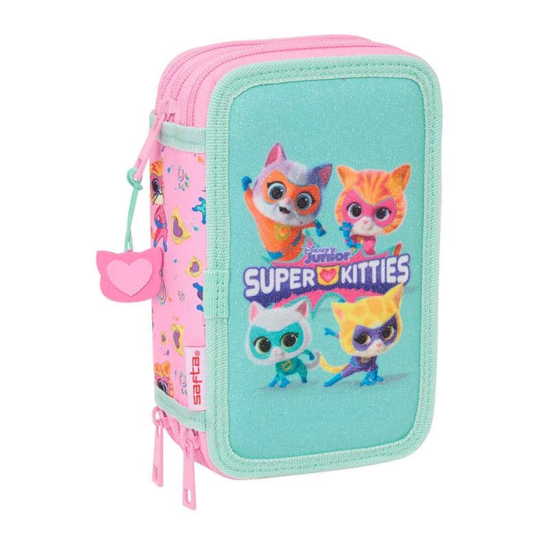 Pochette à crayons triple SuperKitties Rose Turquoise 12,5 x 19,5 x 5,5 cm 37 Pièces