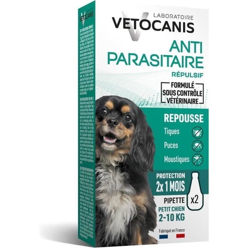 Pipettes Anti puces - VETOCANIS - 2x1 Mois sans Tiques, Puces, Moustiques - Antiparasitaire Chien 2 a 10 kg, A base de Margosa