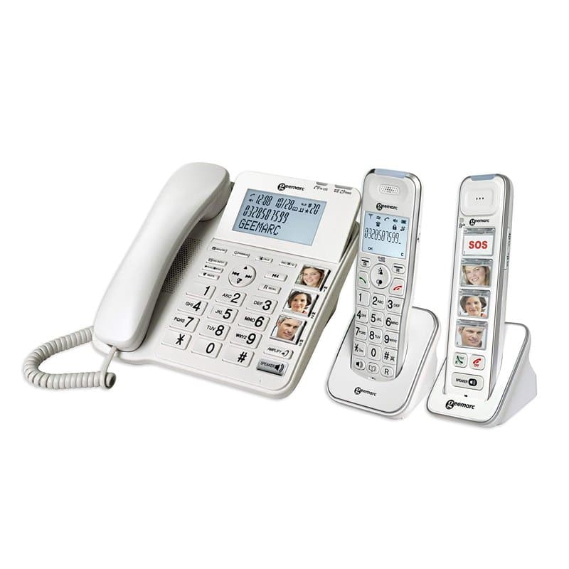 Geemarc Pack Senior - Téléphone Fixe Amplifié et Ses Combinés Additionnels avec Répondeur et Larges Touches Photo Personnalisabl