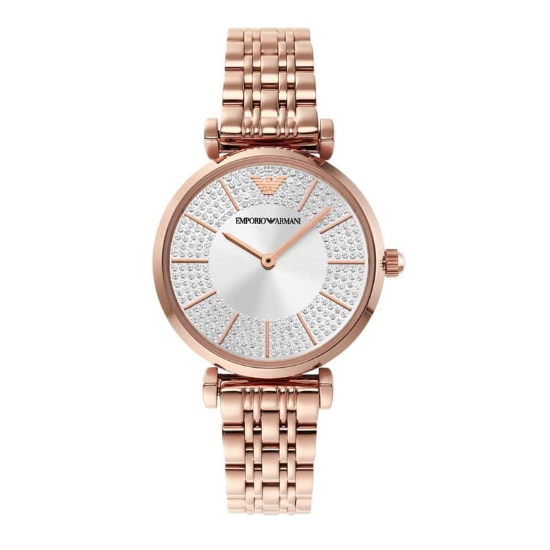 Emporio Armani Montre pour femme, mouvement à deux aiguilles, boîtier en acier inoxydable or rose de 32 mm avec bracelet en acie