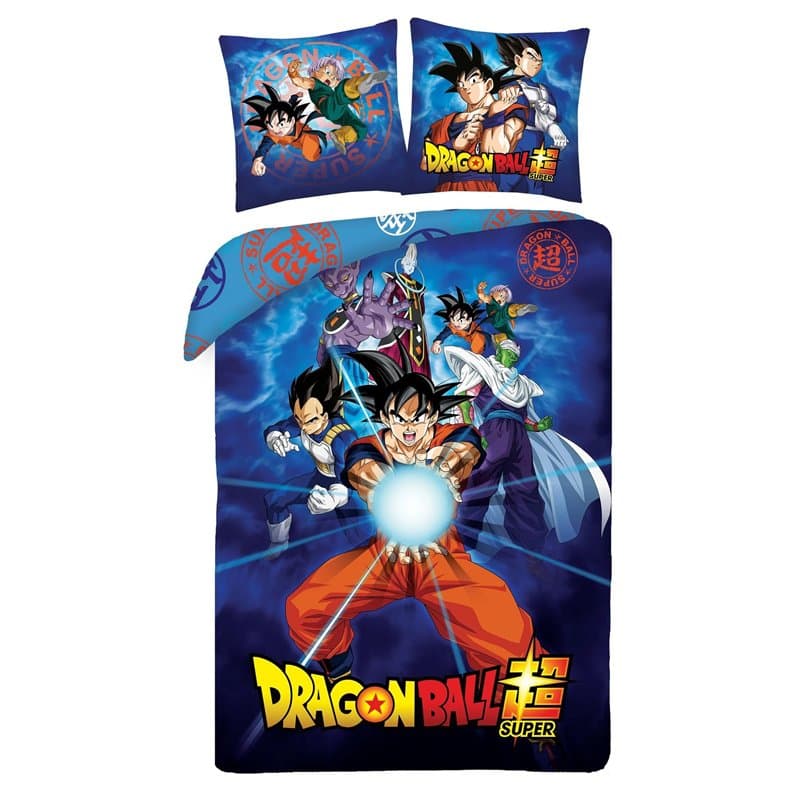 Halantex DRAGONBALL GOKU avec amis Beerus Junior Gohan Vegeta - Kamehameha - Parure de lit 140 x 200 cm avec taie d'oreiller 70