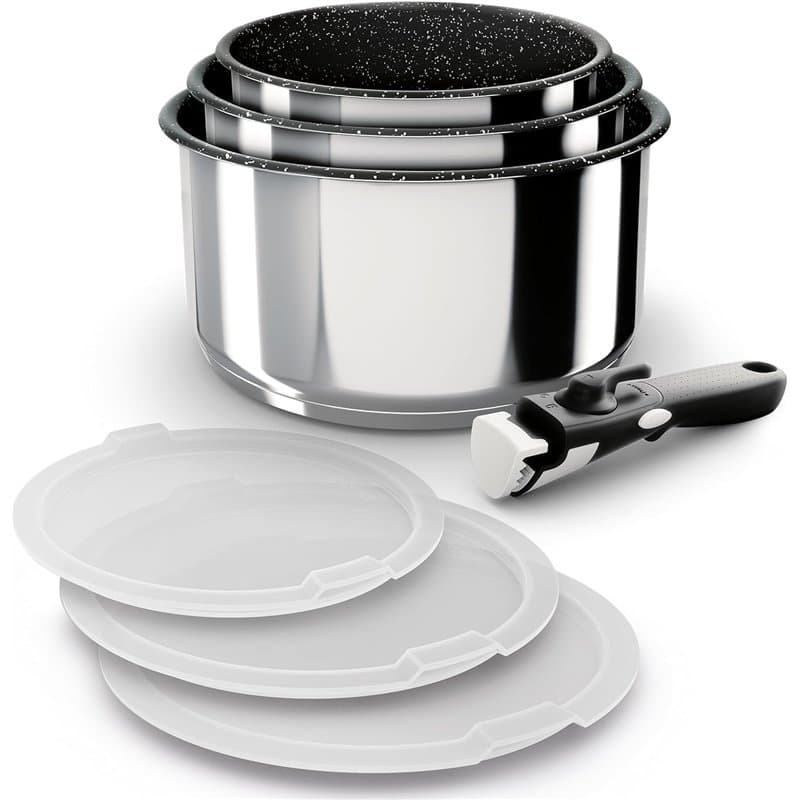 Backen 191107, Set de Casseroles 16,18,20cm, Inox, 7 Pièces, Induction,1 poignée amovible, 3 Couvercles Hermétiques, Compatible