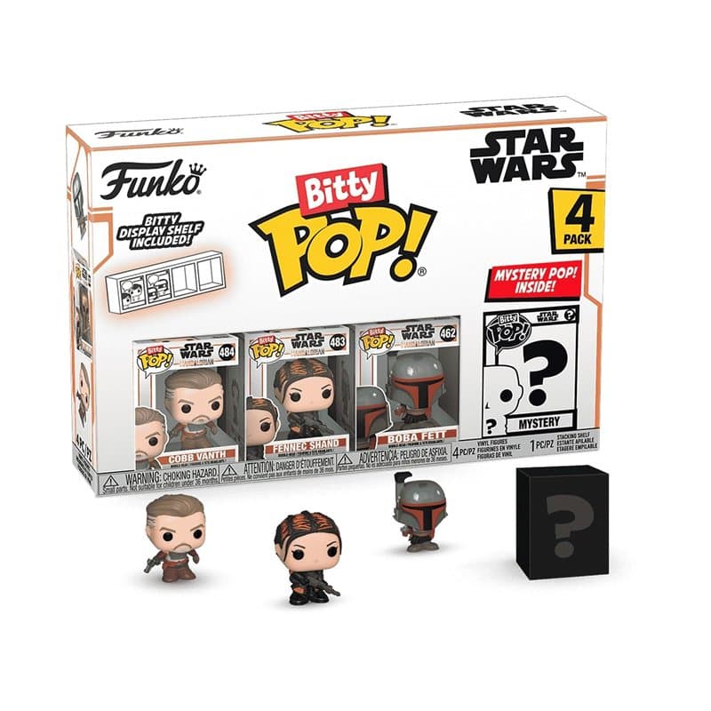 Funko Bitty Pop ! Mandalorian - Cobb Vanth™, Bitty Pop ! Fennec Shand™, Bitty Pop ! Boba Fett™, et Une Figurine Bitty Pop ! myst