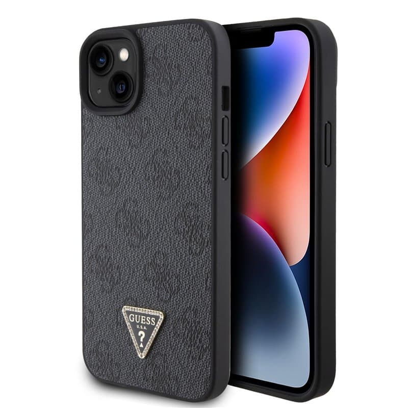 Guess GUHCP15SP4TDPK Étui pour iPhone 15 6,1" Noir Étui Rigide en Cuir 4G Diamond Triangle