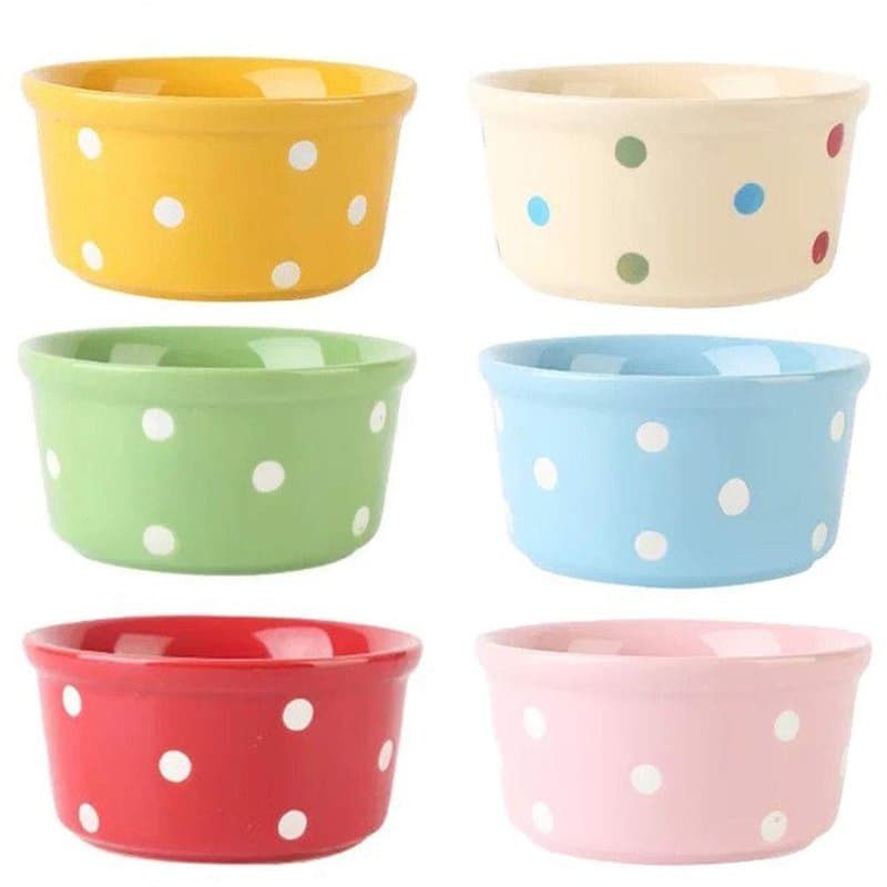 TAMUME 200ml Ramequins en Porcelaine et Assiettes à Soufflé pour Crème Brûlée, Bol de Cuisson en Céramique à Pois, Lot de 6 Bols