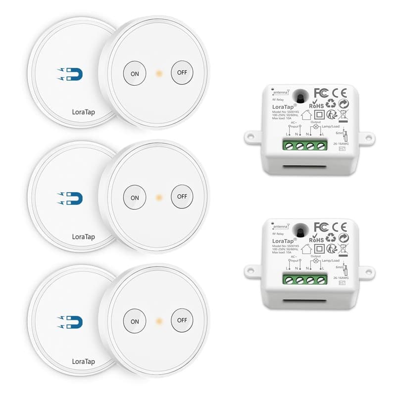LoraTap Kit Interrupteur Sans Fil, 2 Récepteurs 2500W, Portée 200M, 3 Emetteurs Radio 868Mhz, Va et Vient, Commande à Distance M