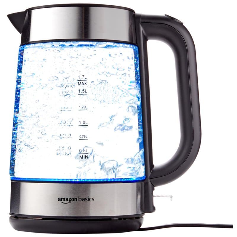 Amazon Basics Bouilloire électrique en verre, 1.7 l, 2200W, Noir, Argenté