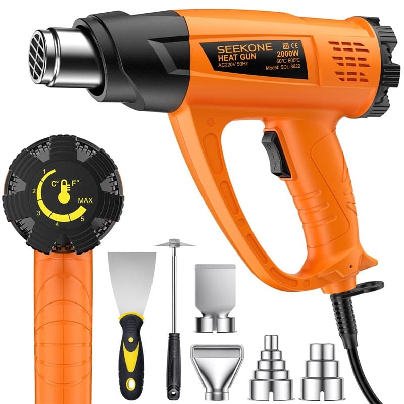 Décapeur Thermique Professionnel 2000W, SEEKONE Pistolet à Air Chaud 60-600℃ Température Réglable, 2 Débit d'air, Protection de
