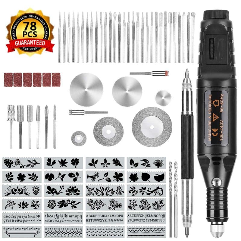 Winload Trousse à Outils de Gravure de 78 Pièces, Stylo Graveur Électrique sur Metal, Gravure Bois Electricité avec Scribe, 52 B