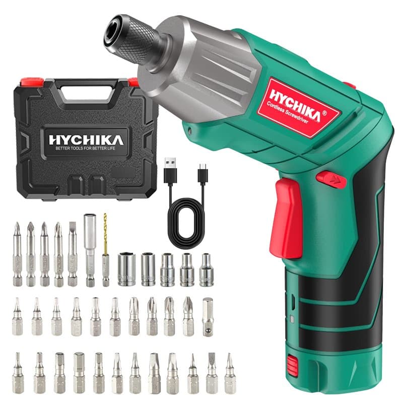 HYCHIKA Visseuse Sans Fil 6Nm, Visseuse Devisseuse sans Fil 2.0Ah 3.6V Avec 35 Accessoires, Lampe LED, Câble USB et Boîte de Ran