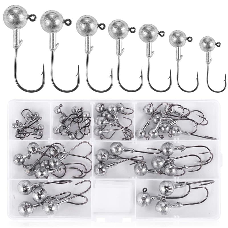 UNOLIGA 49pcs Têtes Plombées Crochets Kit de Hameçons de Pêche, Brochet pour Leurre Souple Pêche en Mer (1/2/3.5/5/7/10/14 g)