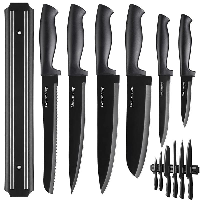 Gourmetop Ensemble De Couteaux De Cuisine Avec Bande Magnétique Sans Perçage, Couteaux De Chef Noirs Tranchants Pour Couper Vian