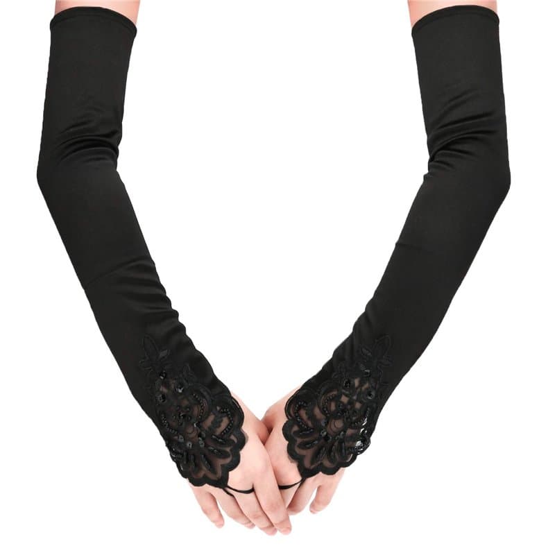SAVITA Gants Longs Noirs Percés en Satin - Longueur 19" Extensible Pour Soirée d'Opéra et Années 1920 - Femmes