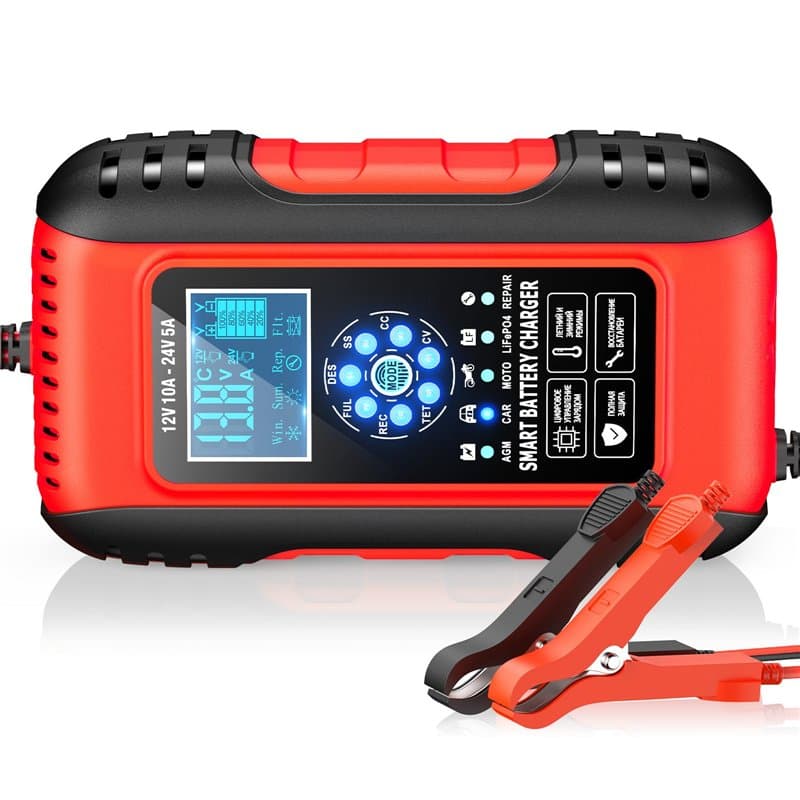 Husgw 12V/24V 10A Chargeur Batterie Lithium, Chargeur Batterie Voitures avec Écran Tactile, 11 Protections Charge&Fonction Répar