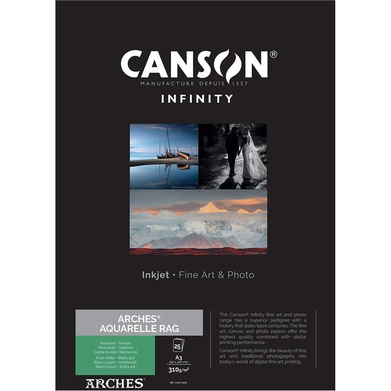 CANSON Infinity ARCHES Aquarelle Rag - Tirage papier Fine Art ARCHES - Boîte de 25 feuilles A3 - Grain texturé - Blanc pur - 310