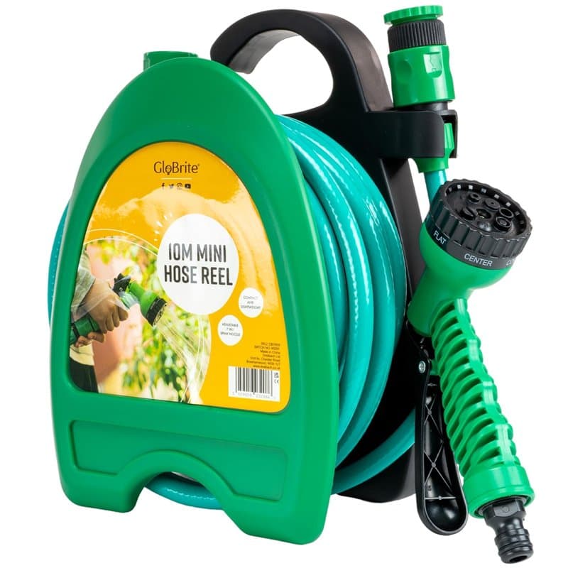 GloBrite Mini enrouleur de tuyau d'arrosage avec buse de pulvérisation réglable 7 en 1, accessoires de montage mural pour l'irri