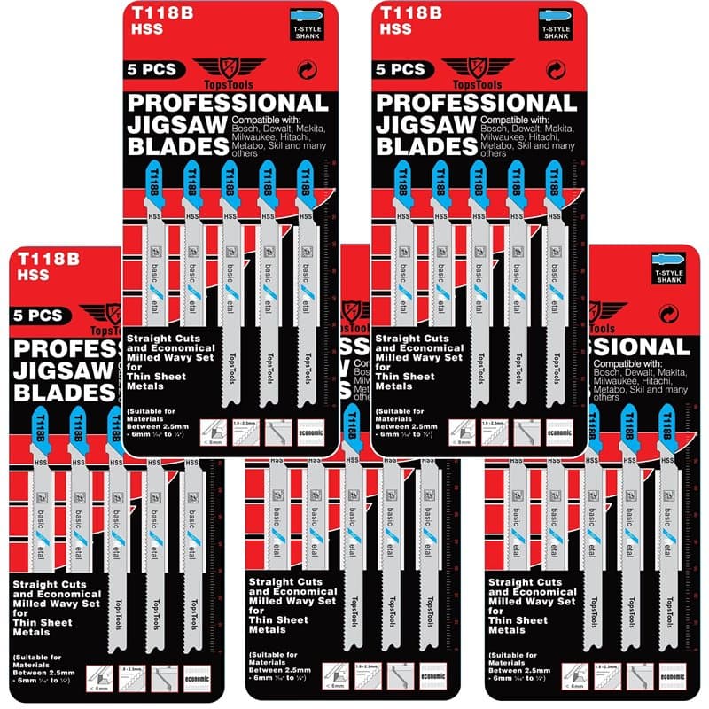 25 lames de scie sauteuse à métaux TopsTools T118B compatibles avec Bosch, Dewalt, Makita, Milwaukee et bien d'autres