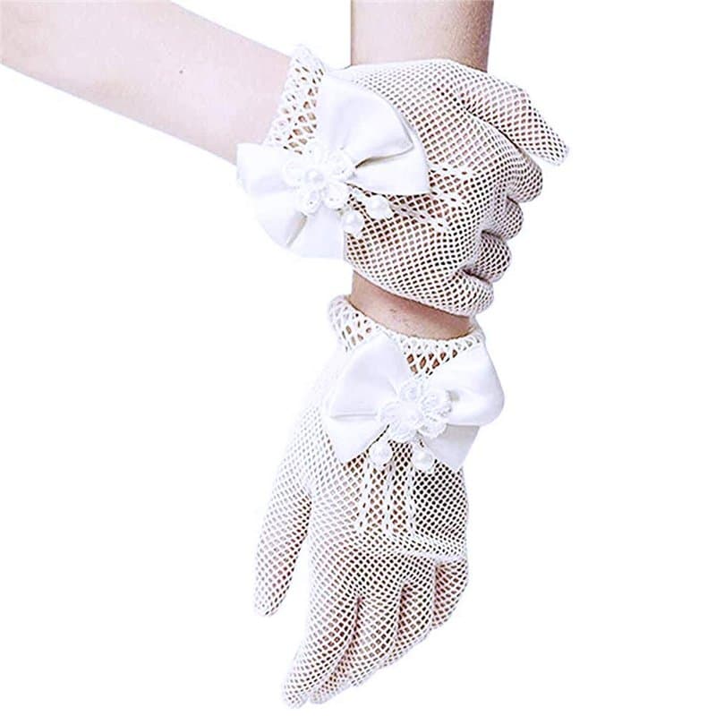 SwirlColor Courts élégantes Satin Bow trous Gants résille poignet Gants Longueur de fille pour Flower Girls