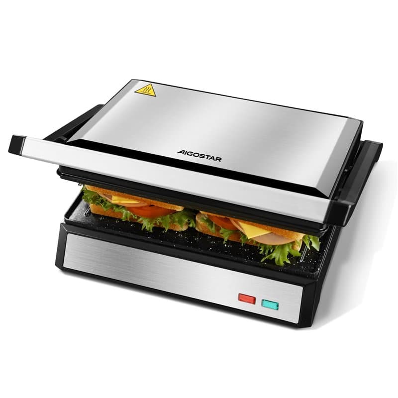 Aigostar Hett Pro - Grill Panini, Grills électriques Avec Plaques Antiadhésives. Récupérateur de Graisses Amovible, Ouverture à