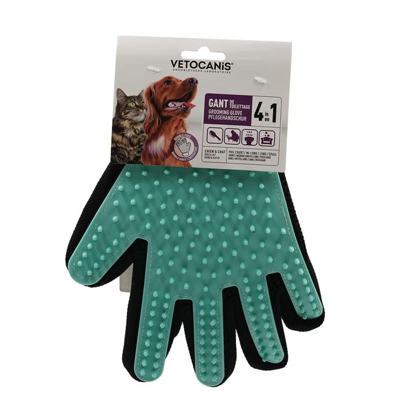 Vetocanis | Gant de Toilettage du Chien et du Chat | Action 4 en 1 - Brossage, Massage, Bain et Récupération des Poils | Gant Br