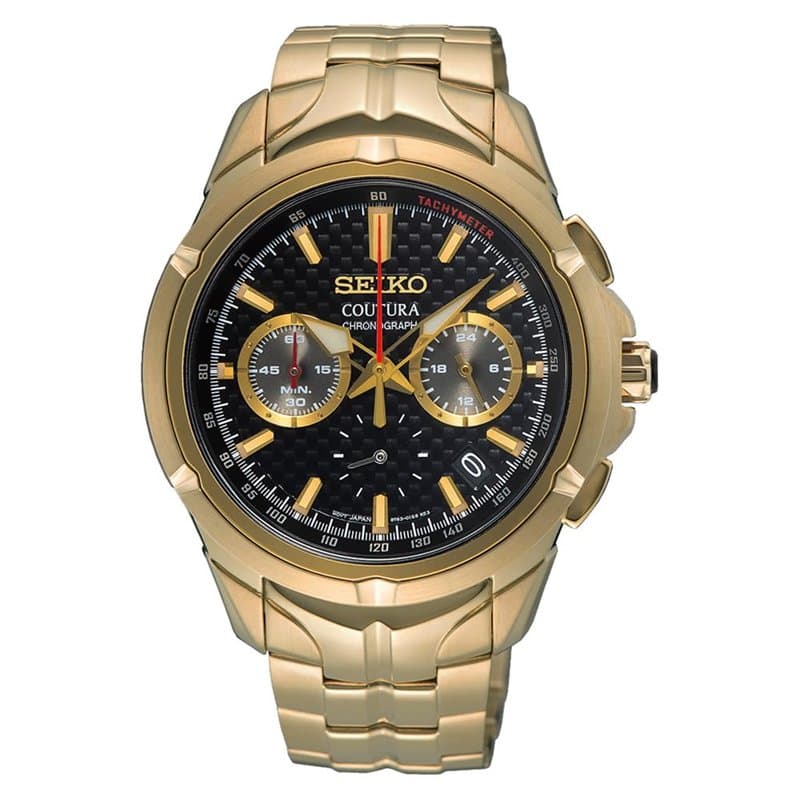 SEIKO SSB438 Coutura Montre à quartz chronographe pour homme Cadran noir en acier inoxydable avec bracelet doré clair Étanche ju