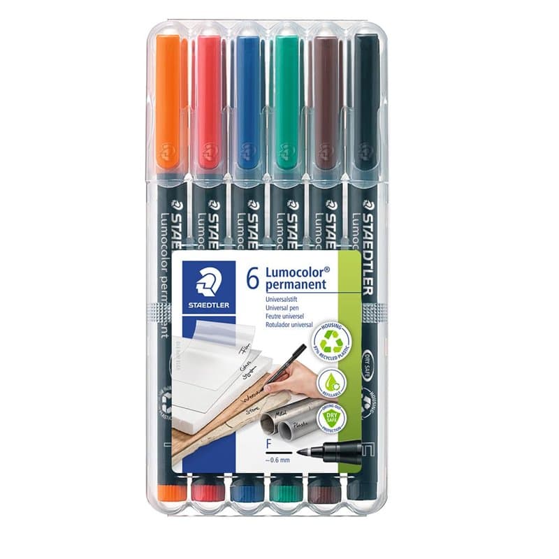 Staedtler Lumocolor 318, Feutres permanents à pointe fine pour toutes les surfaces, Sans xylène ni toluène, Set de 6 couleurs lu