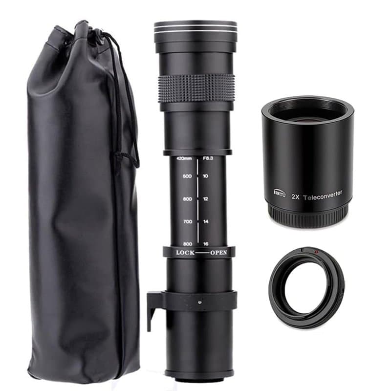 JINTU 420-800mm + 2X Objectif 1600mm Téléconvertisseur F8.3 Zoom Manuel Teleobiettivo pour Nikon D5500 D3300 D3200 D5300 D3400 D