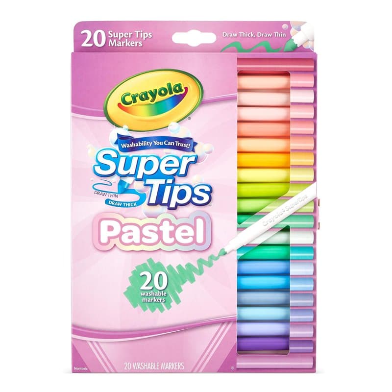 Crayola Pastel - Super Tips, Feutres Lavables Pointe Moyenne, Pack de 20 Pièces, pour l'École et le temps Libre, Couleurs Pastel