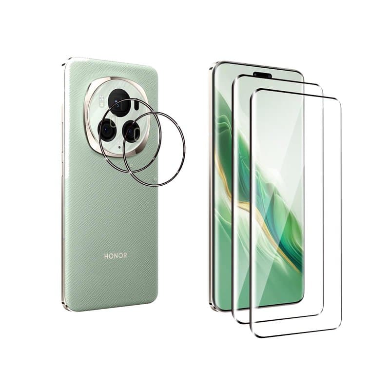 QZJinch Lot de 4, 2 x Verre Trempé pour Honor Magic 6 pro et 2 x Protection Caméra Arrière,3D Incurvé Couverture Complète,HD Tra