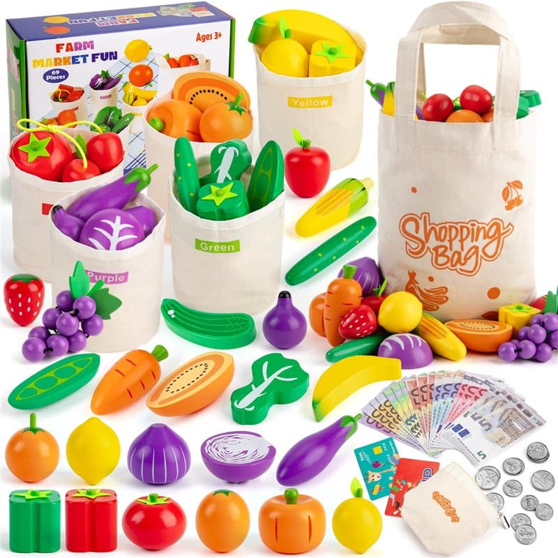 SEMKOTREE Dinette Enfant, Accessoire Cuisine Enfant Aliment Cuisine Fruits et Legumes Jouet en Bois, Jeu D'imitation Marchande E