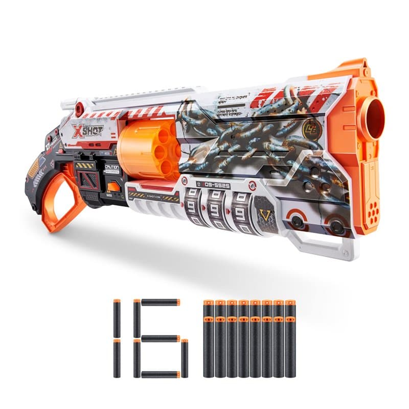 X-Shot Skins Lock Blaster par ZURU avec 16 fléchettes, Barillet Rotatif, Technologie Air Pocket Dart