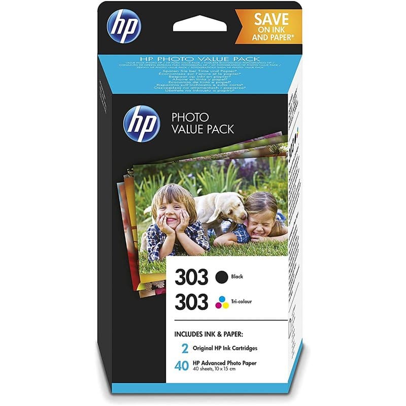 HP 303 Pack Economique 2 Cartouches d'Encre Authentiques Noire et Trois Couleurs + un Pack de 40 feuilles de Photo 10x15 cm (Z4B