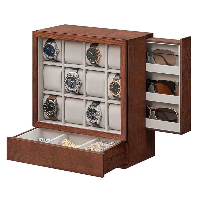 SONGMICS Boîte à Montre 12 Emplacements, Présentoir de Montres avec Fenêtre, Placage Effet Bois, Doublure en Velours, Rangement