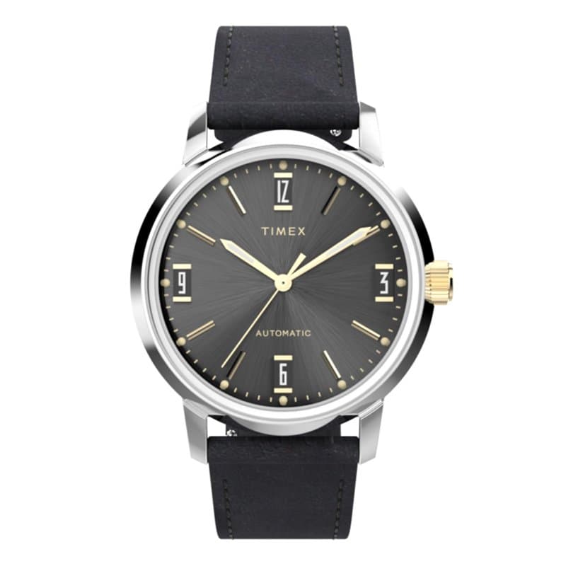 Timex Marlin Automatic Montre pour hommes, 40 mm, bracelet en cuir noir à ouverture rapide, en deux pièces, cadran noir, boîtier