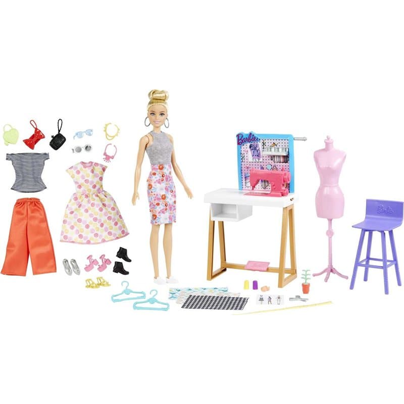 Barbie Metiers Coffret Studio Creation Mode, avec Poupee Blonde, Atelier, Machine à Coudre, 25 Accessoires de Jeu Inclus, Jouet